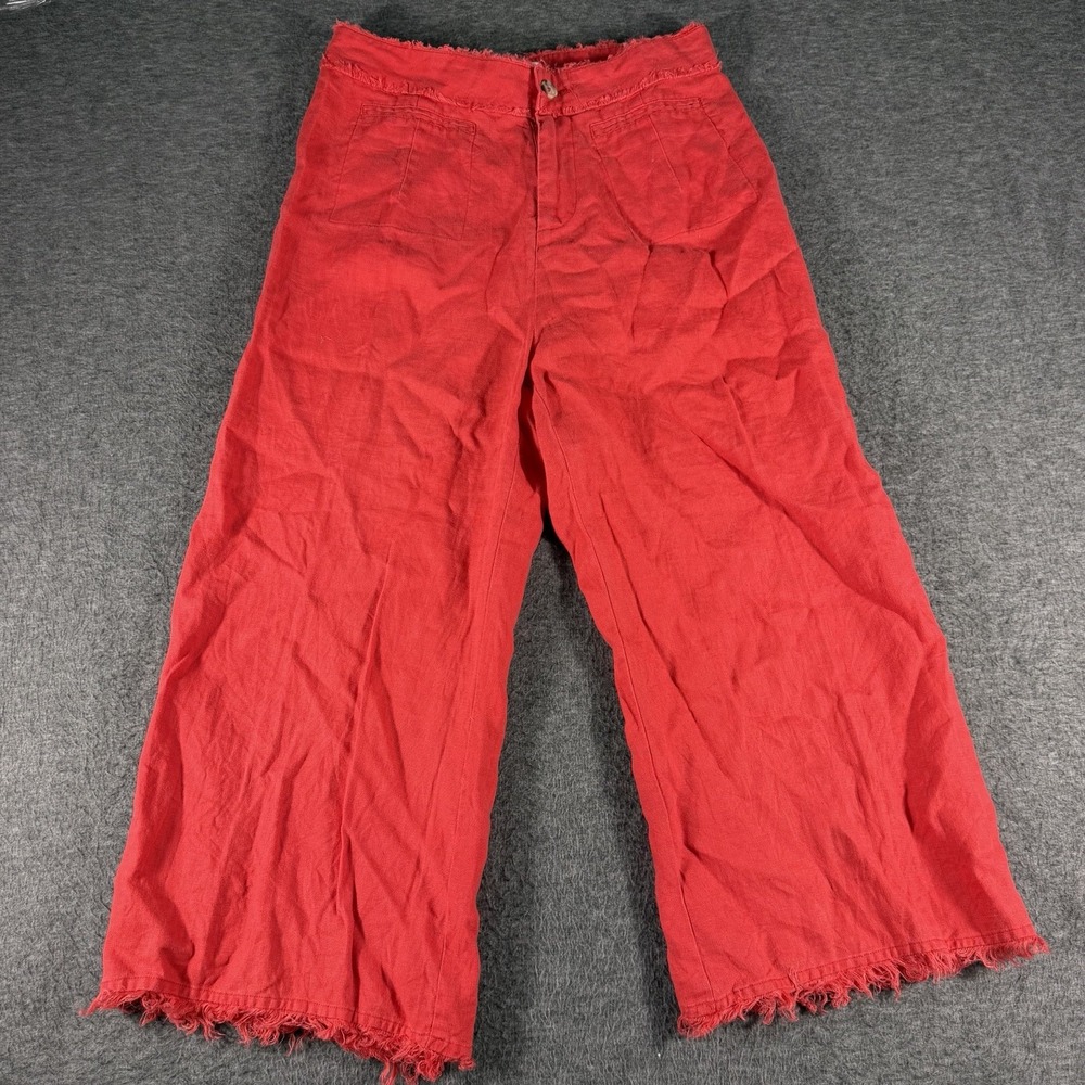 Anthropologie Greylin Wide Leg Pants Sun Washed Red Linen Raw Hem Cropped Size M